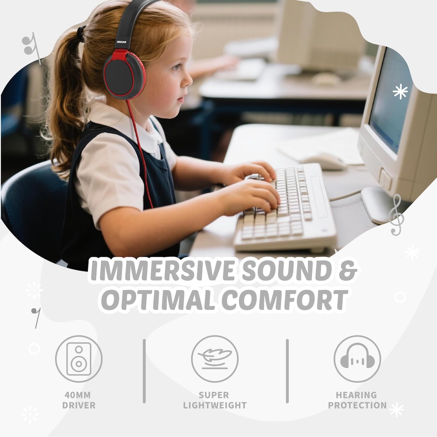 Kids Headphones Volume Limited 85/94dB - Wired Over-Ear Foldable Headset with Microphone Pink