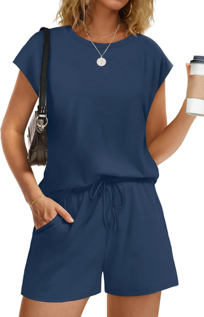 Women's 2 Piece Summer Lounge Set Crew Neck Short Sleeve Tracksuit