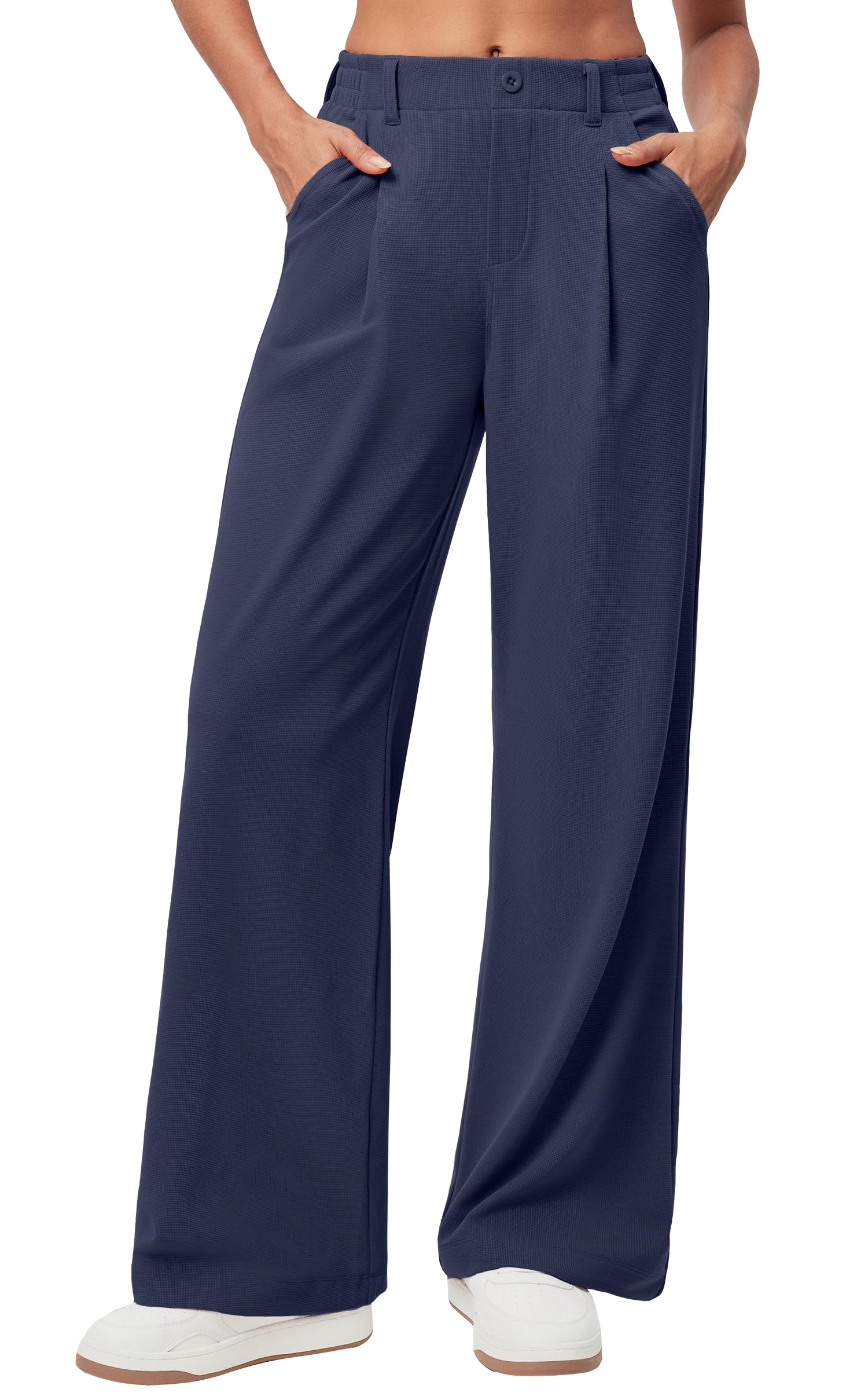 Women's Wide Leg Work Pants - Stretchy Pull-On Business Casual Trousers with Pockets