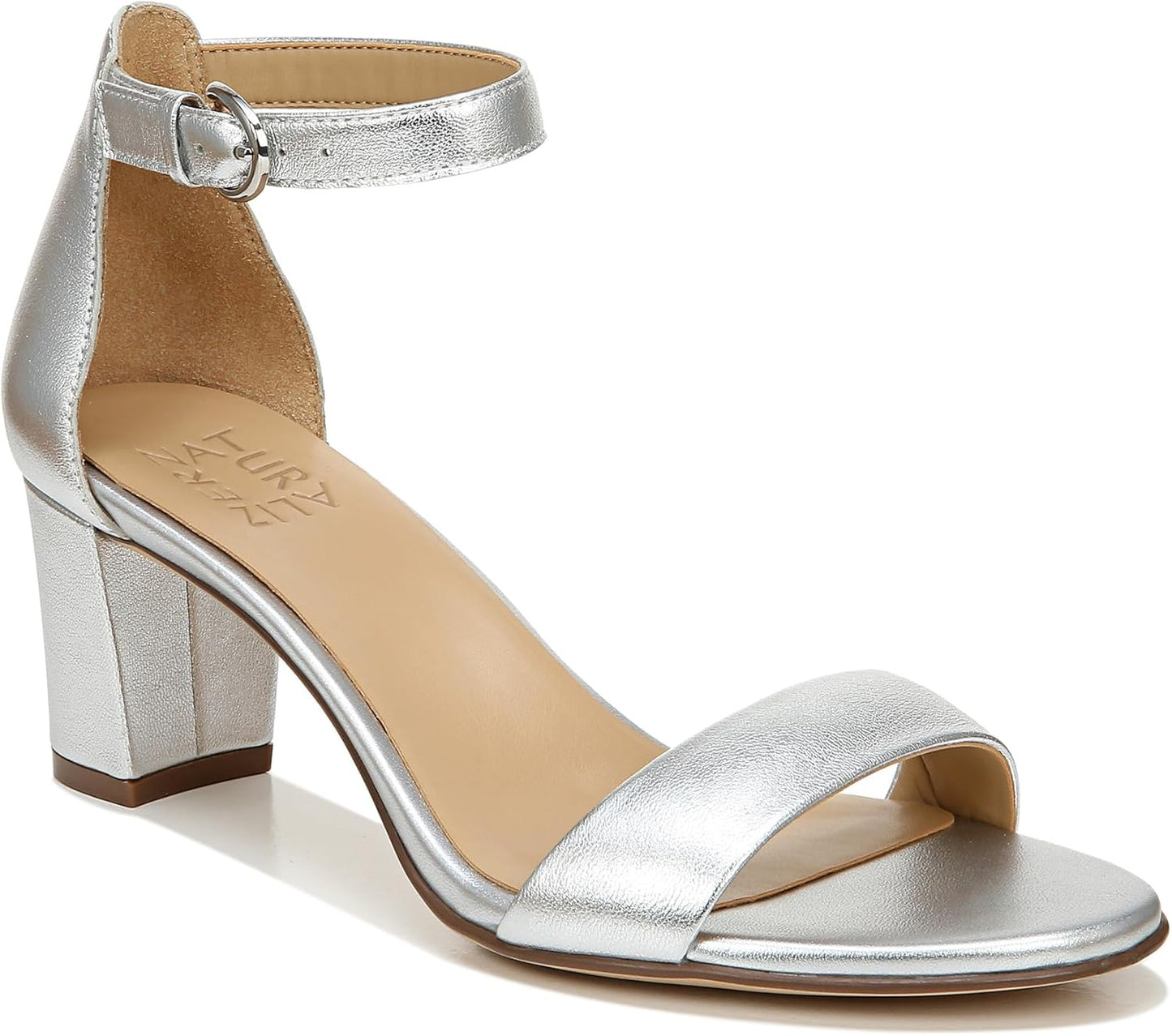 Heeled Sandals for Women - Block Heel Dress Sandals with Ankle Strap Silver Leather