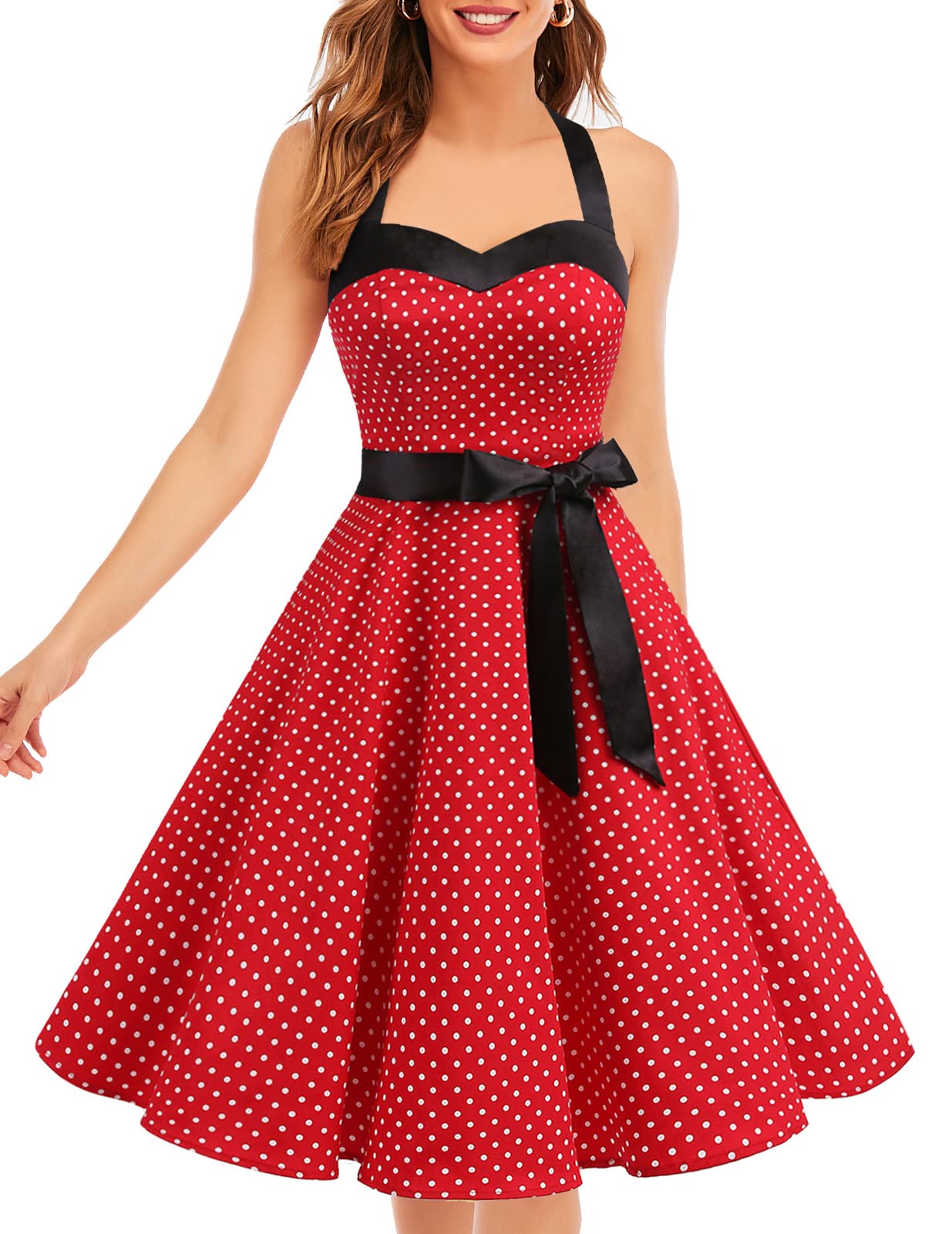Vintage 1950s Cocktail Dress - Retro Halter Swing Dress for Party & Wedding Red Small White Dot