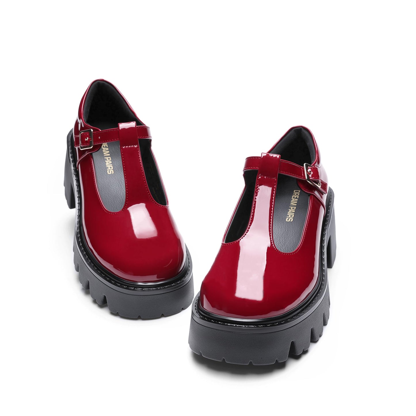 DREAM PAIRS Women's T-Strap Mary Jane Shoes Low Platform Chunky Block Heels Closed Toe Work Pumps Comfortable Round Toe Dress Wedding Party Shoes,Size 7.5,Red,DWUMPU2571