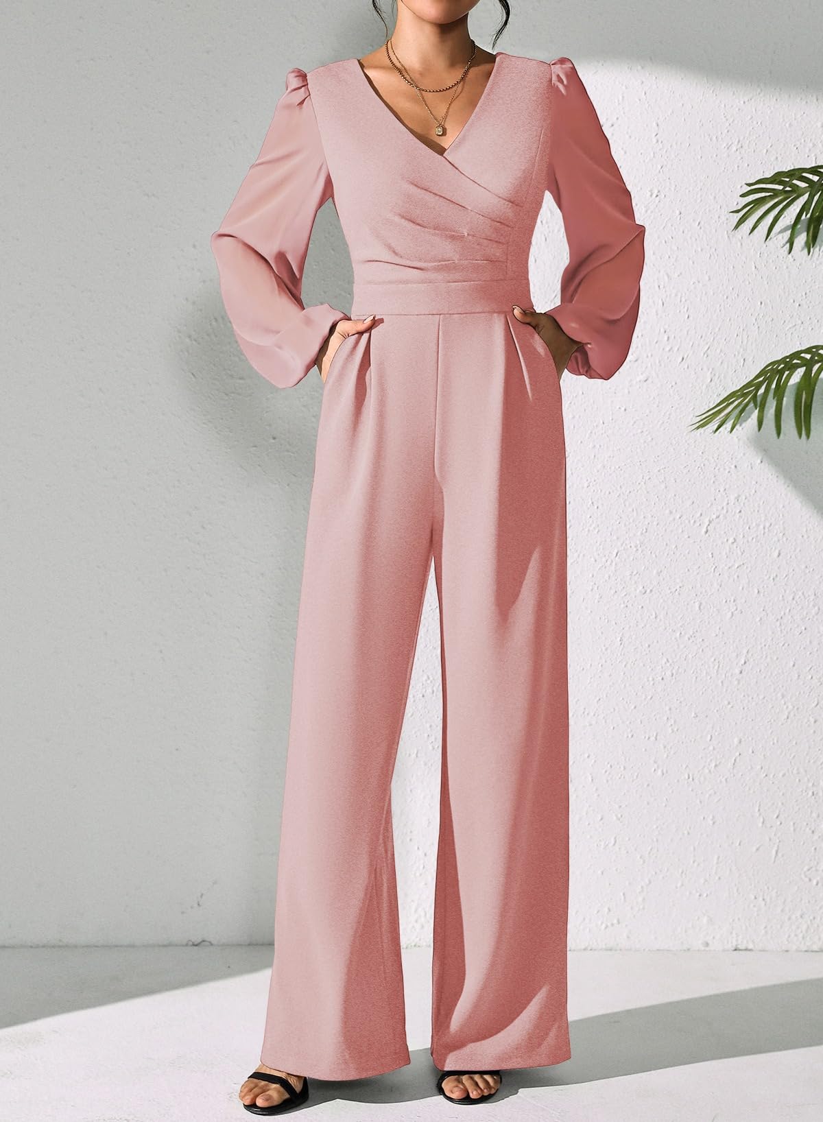 Pink Queen Jumpsuits for Women Dressy Patchwork Chiffon Sleeve V Neck Wide Leg Romper Holiday Party Outfits