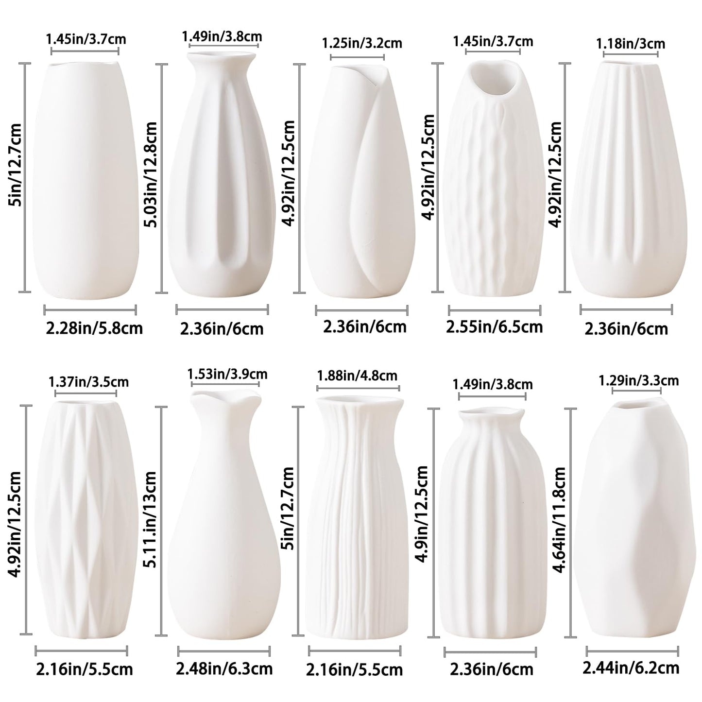 White Ceramic Bud Vases Set of 10 - 5 Inch Small Mini Vases for Flowers Centerpieces Decor