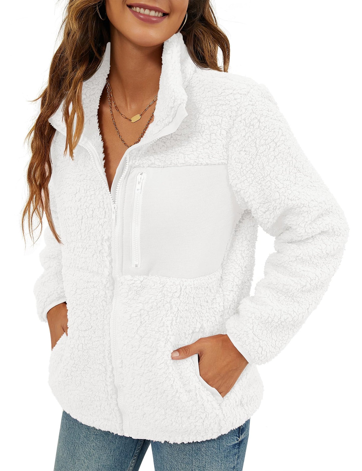 VVK Women's Fashion Faux Shearling Shaggy Full Zip Coats Warm Winter Patchwork Jackets with Pocket