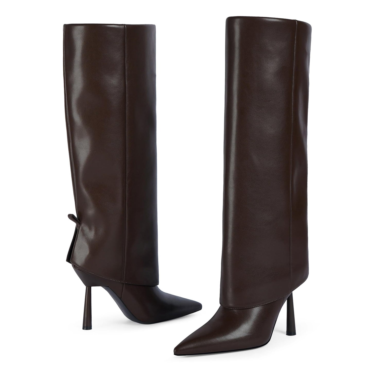 Modatope Knee High Chocolate Brown Fold Over Boots for Women Pointed Toe Stiletto Fall Boot Side Zipper Tall Fashion Boots Size 9