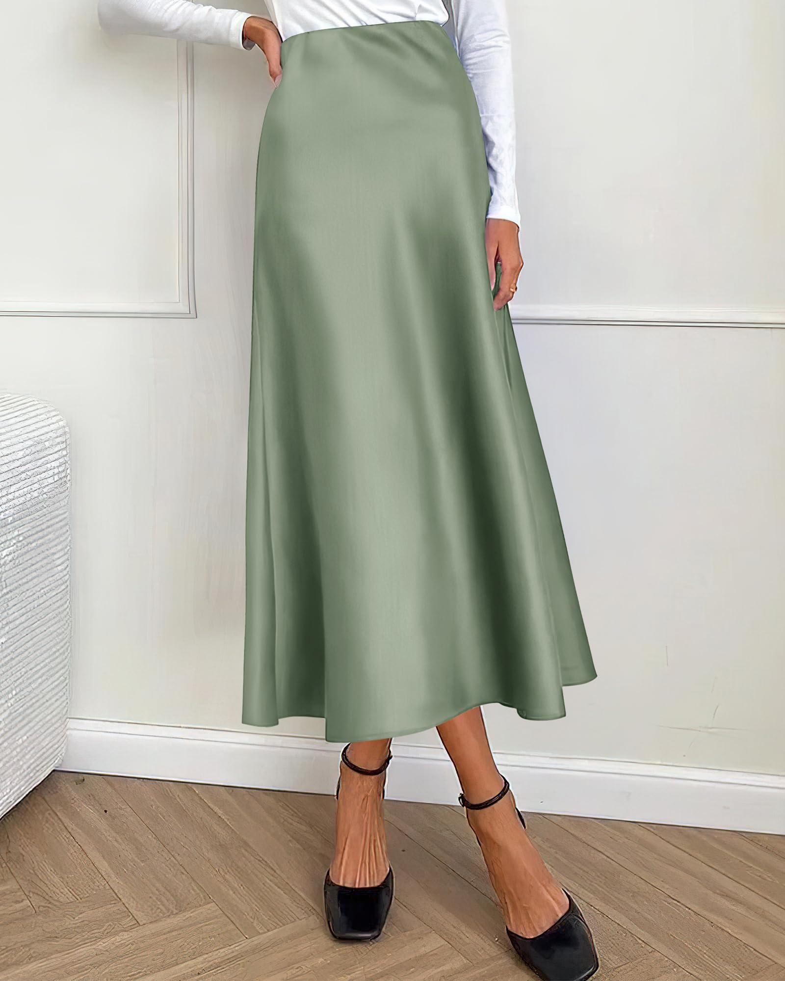 Women's High Waist Satin Midi Skirt - Elegant A-Line Flowy Party Wedding Skirt