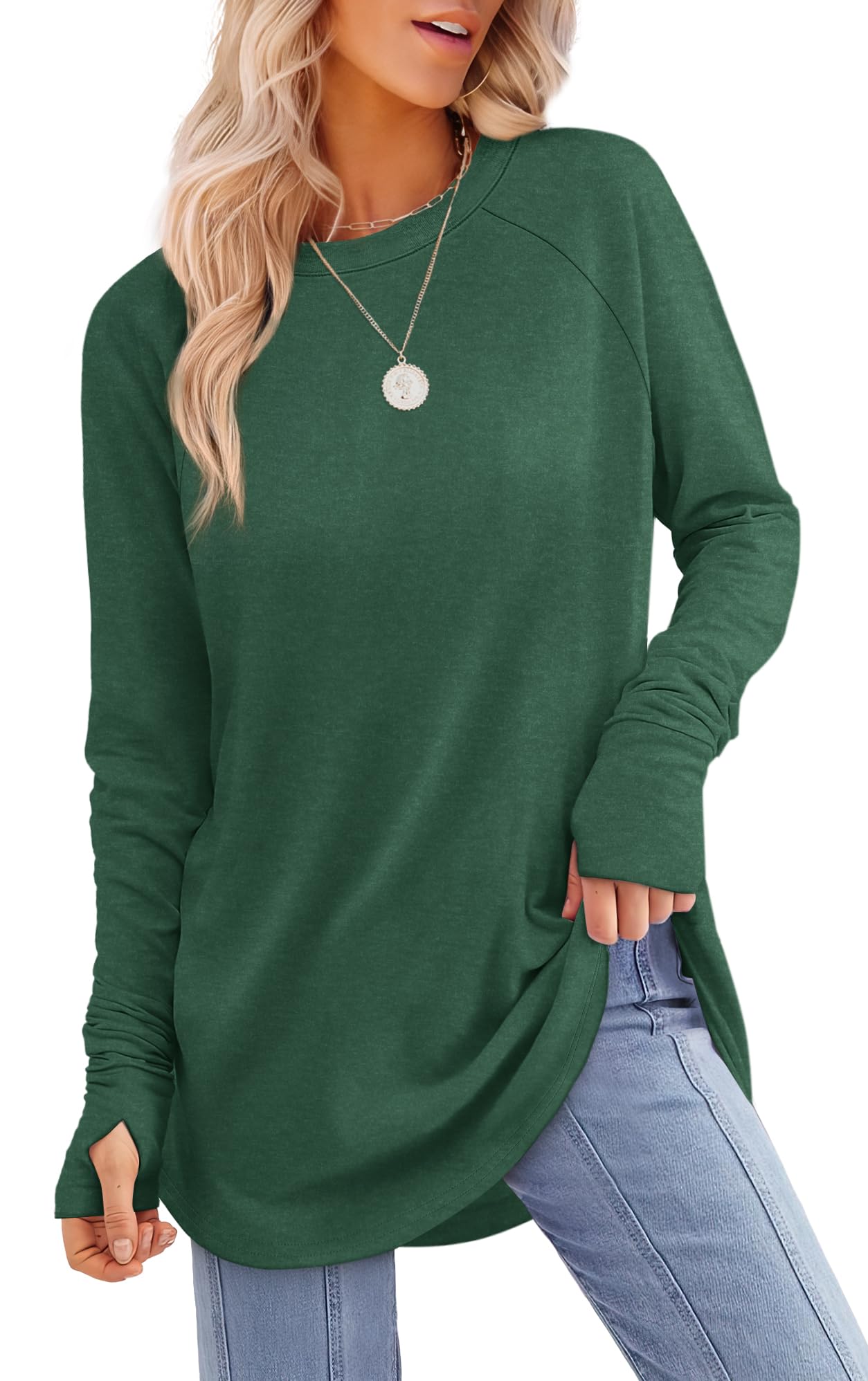 Tunic Top with Thumb Holes for Women - Long Sleeve Shirt with Curved Hem O-dark Green