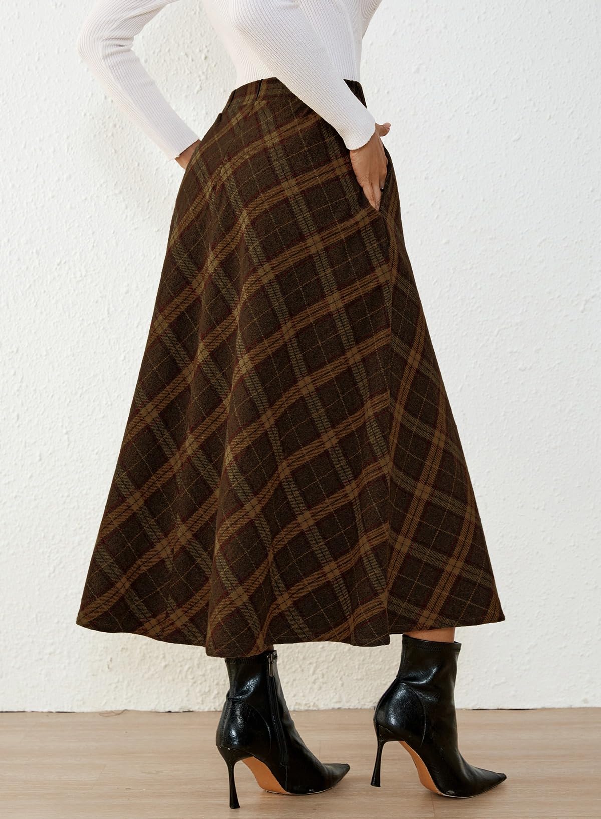 Women's Plaid Skirts - High Waist A-Line Midi Tartan Skirt with Pockets