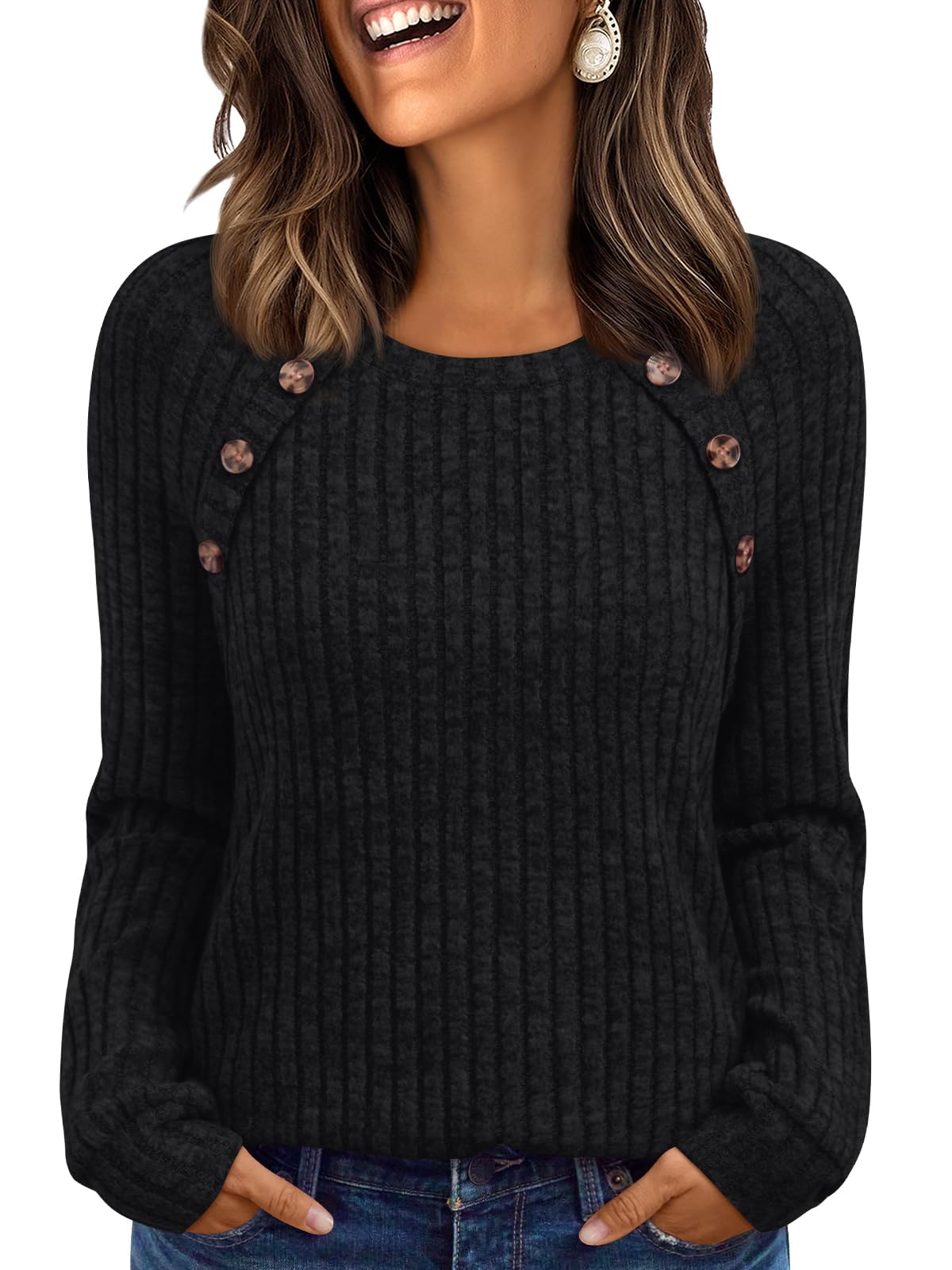 Women's Long Sleeve Tops - Fall Lightweight Sweaters with Shoulder Buttons Black