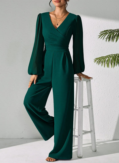 Pink Queen Jumpsuits for Women Dressy Patchwork Chiffon Sleeve V Neck Wide Leg Romper Holiday Party Outfits