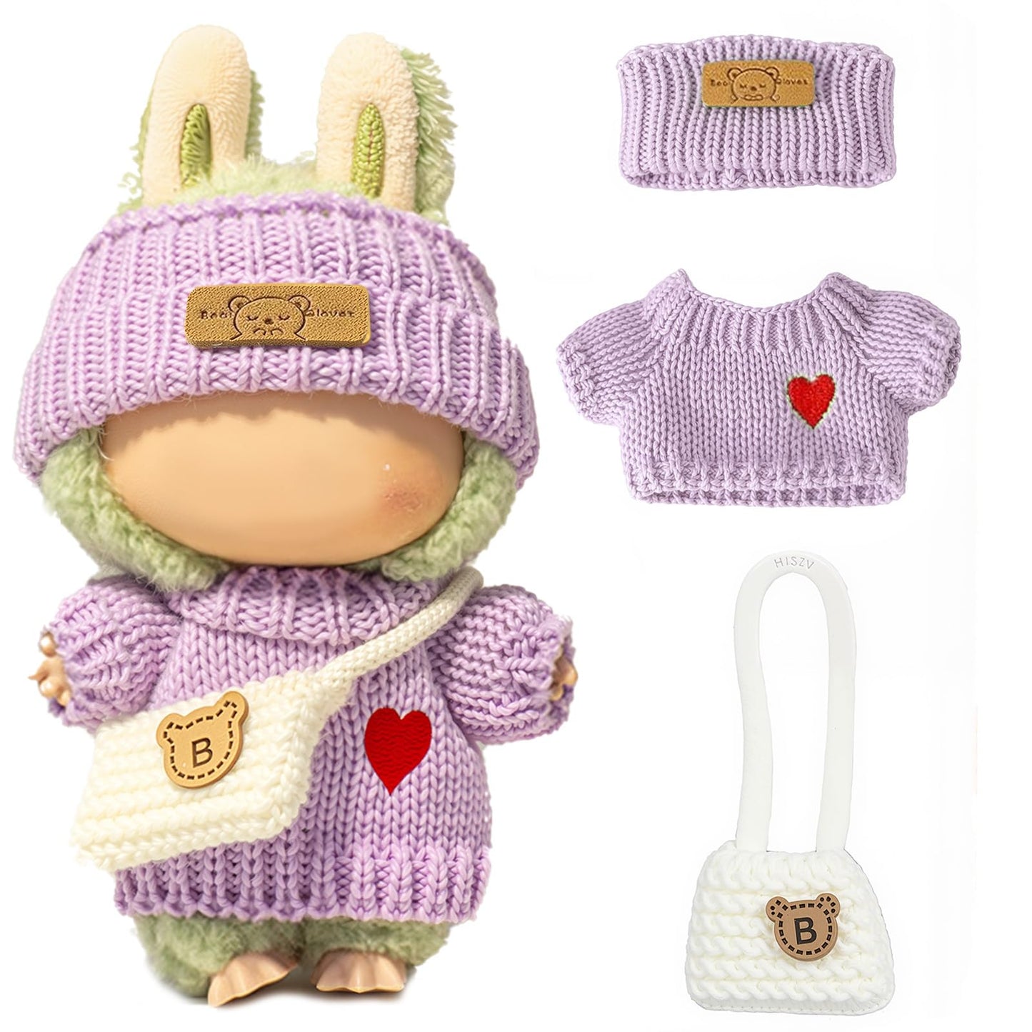 3 Piece Handmade Crochet Outfit for 17cm Dolls - Heart Sweater Hat & Bag Set Heart - Purple