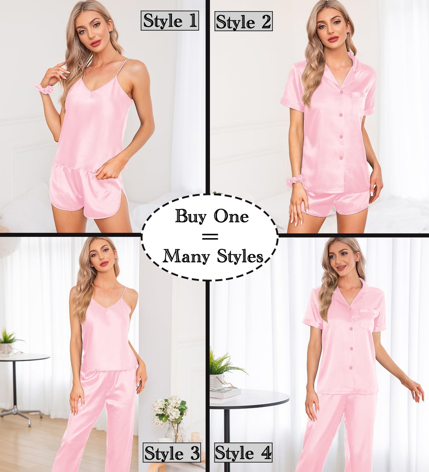 SWOMOG Womens Silk Satin Pajamas Sets 7pcs Sleepwear Sexy Cami Shorts Set and Button Down Short Sleeve Satin Pjs
