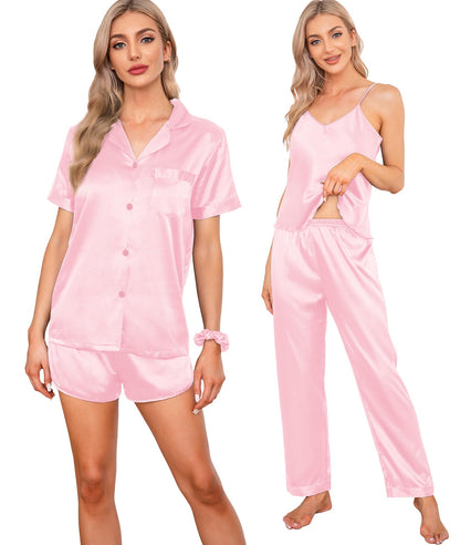 SWOMOG Womens Silk Satin Pajamas Sets 7pcs Sleepwear Sexy Cami Shorts Set and Button Down Short Sleeve Satin Pjs