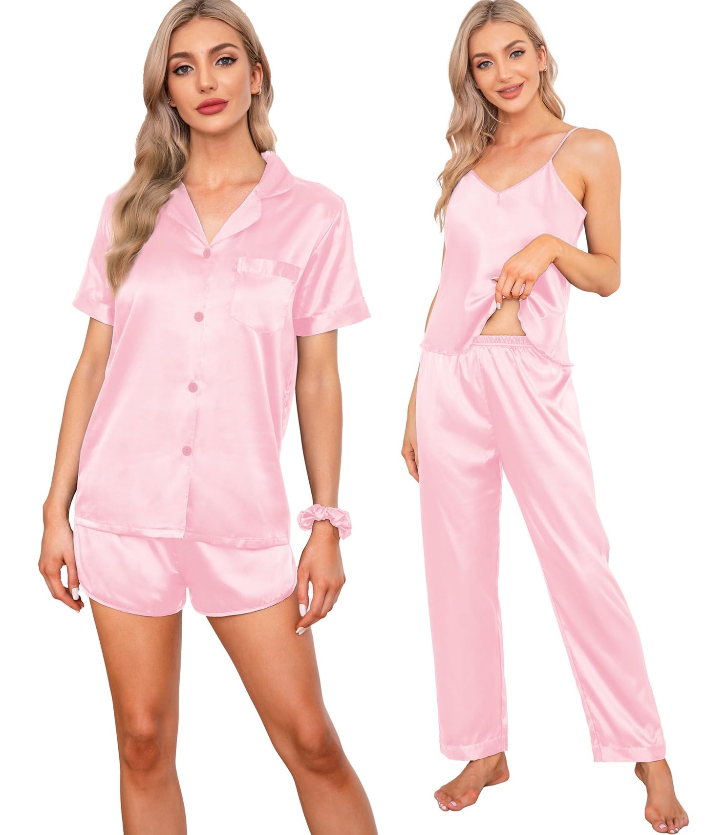 SWOMOG Womens Silk Satin Pajamas Sets 7pcs Sleepwear Sexy Cami Shorts Set and Button Down Short Sleeve Satin Pjs