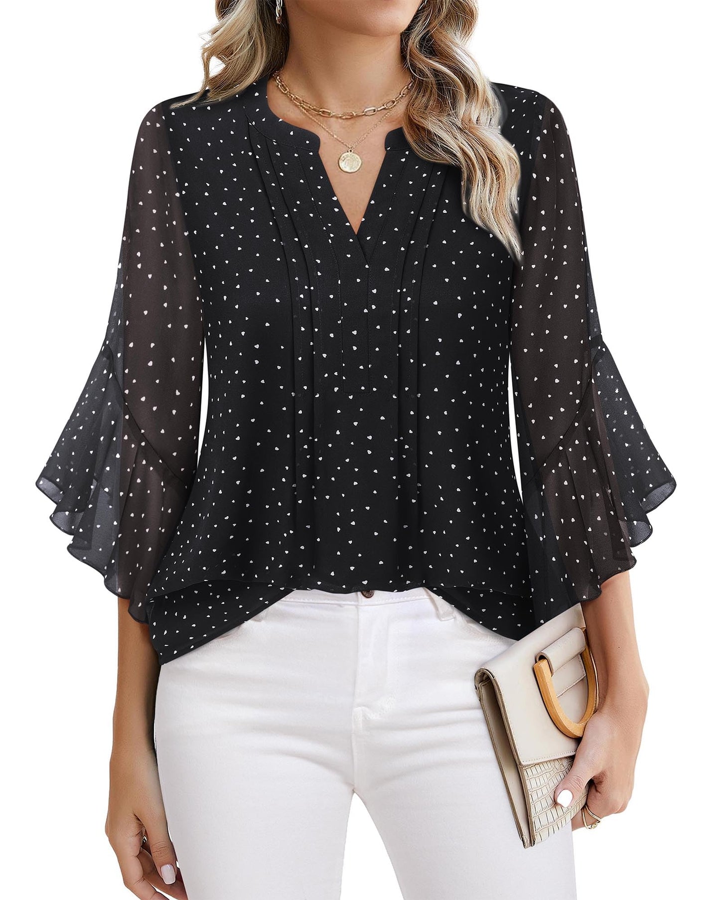 Beautiful Blouses For Ladies - Women's 3/4 Sleeve Chiffon Blouse Dressy Business Casual Work Shirt White Heart