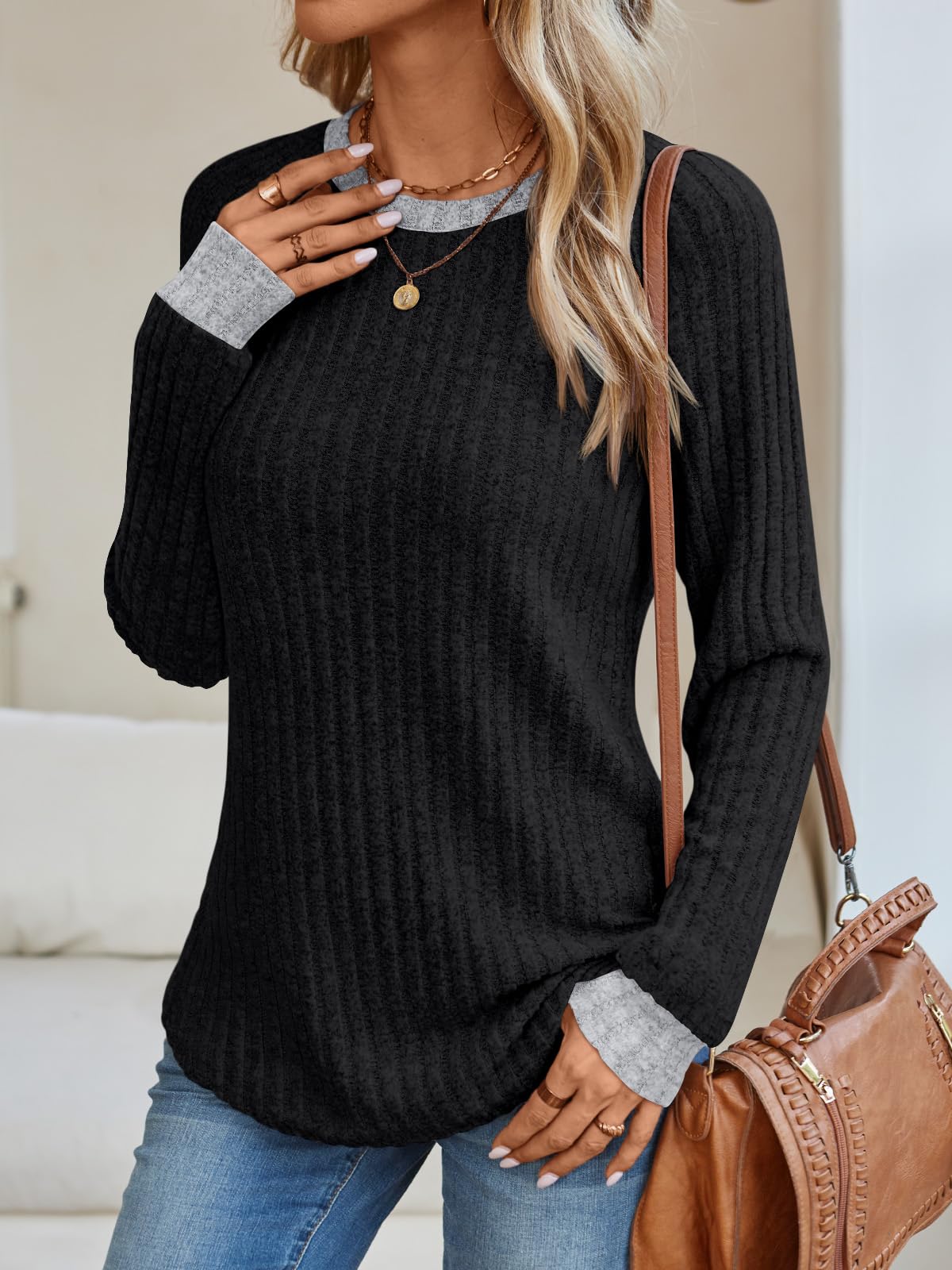 Women's Long Sleeve Tunic Tops - Dressy Casual Color Block Sweaters