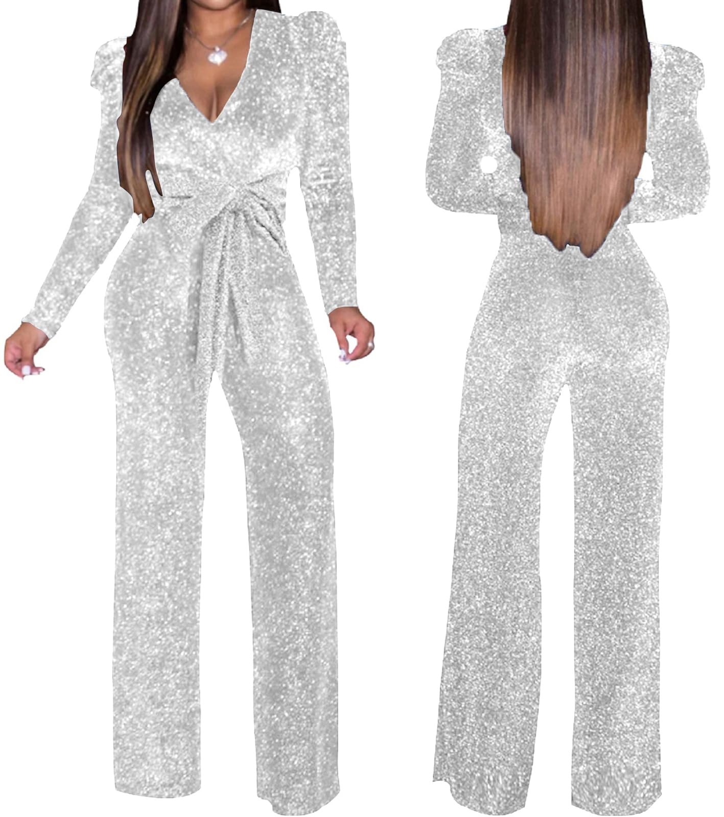 Women's Sparkly Jumpsuits Sexy Long Sleeve Cocktail Elegant Mock Neck Bodycon Straight Long Pants Rompers with Pockets