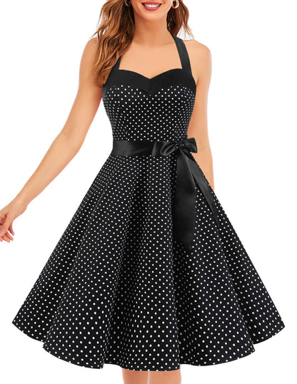 Vintage 1950s Cocktail Dress - Retro Halter Swing Dress for Party & Wedding Black Small White Dot