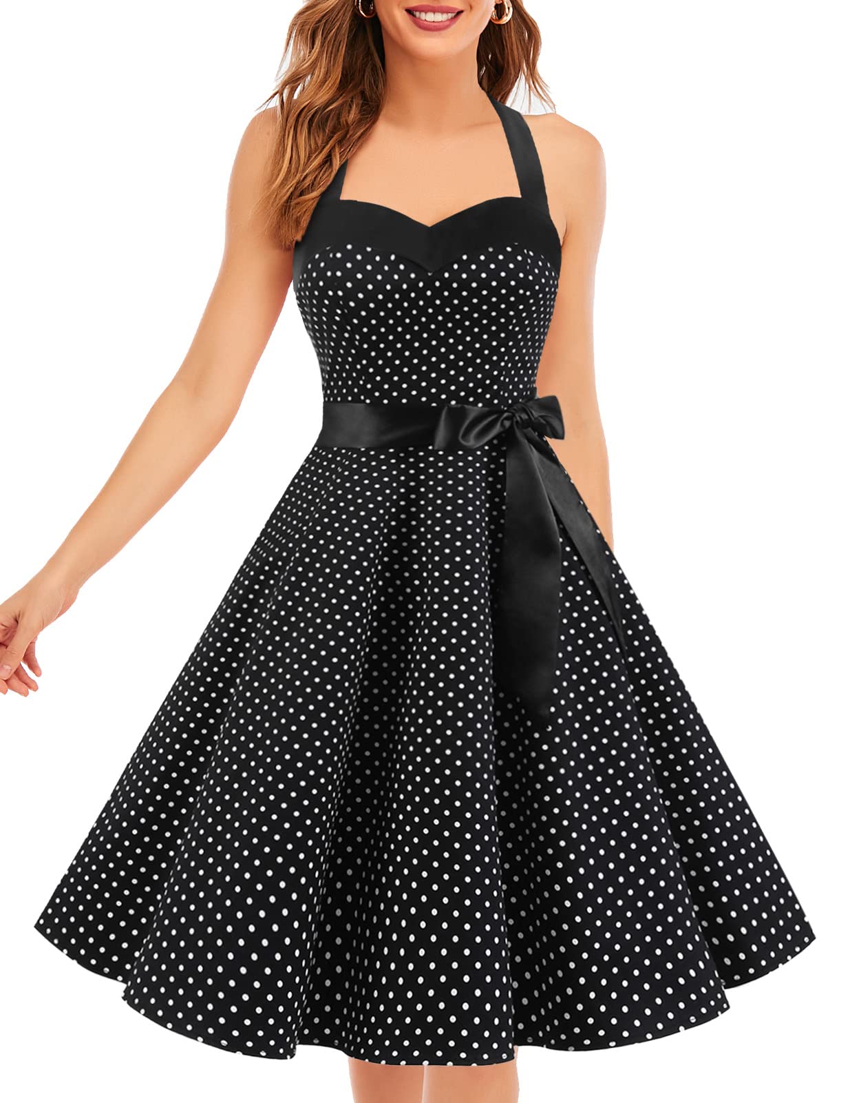 Vintage 1950s Cocktail Dress - Retro Halter Swing Dress for Party & Wedding Black Small White Dot