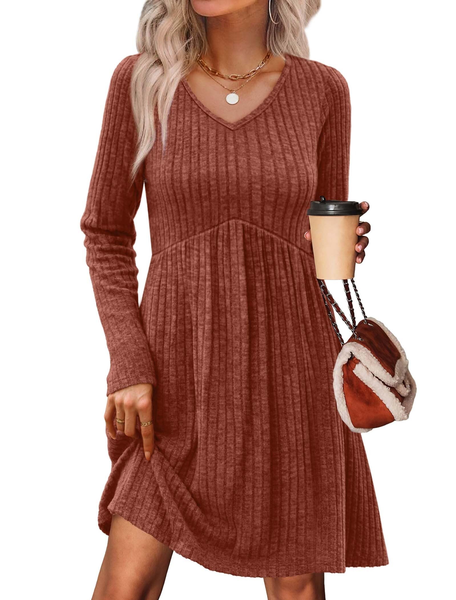 Women's Long Sleeve Sweater Dress - V Neck Empire Waist Babydoll Dress with Pockets