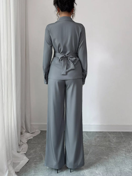 Back Tie Wrap Blazer and Wide Leg Pants Set