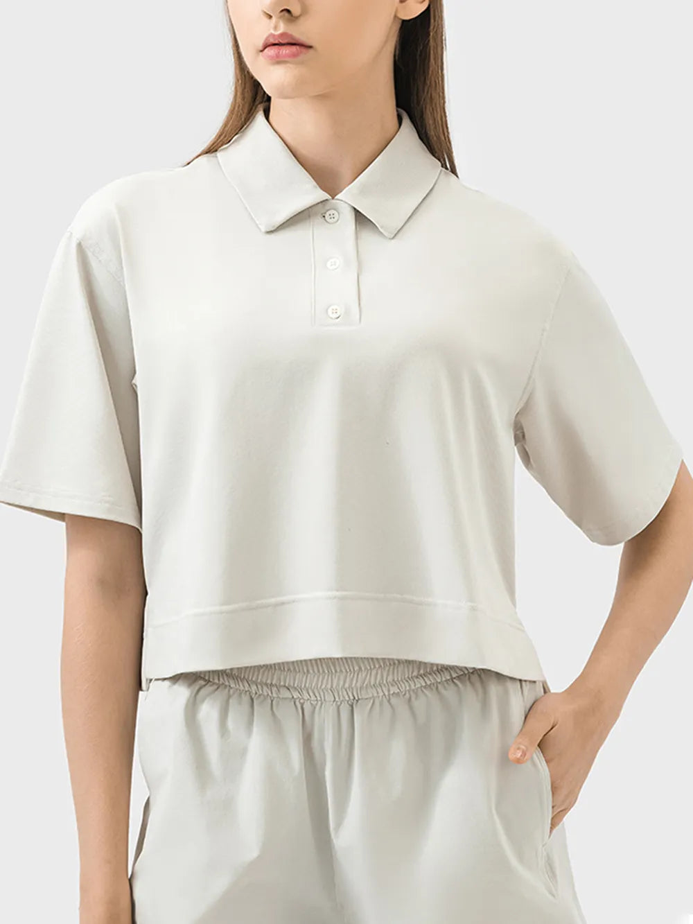 Millennia Half Button Short Sleeve Active T-Shirt Beige