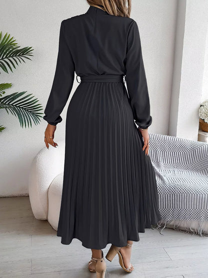 Mock Neck Pleated Midi Dress