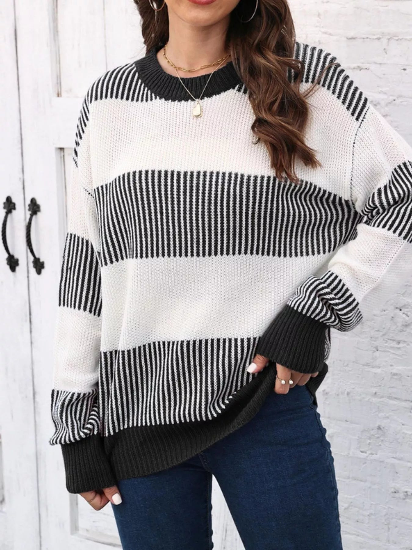 Full Size Color Block Dropped Shoulder Sweater Plus Size Black