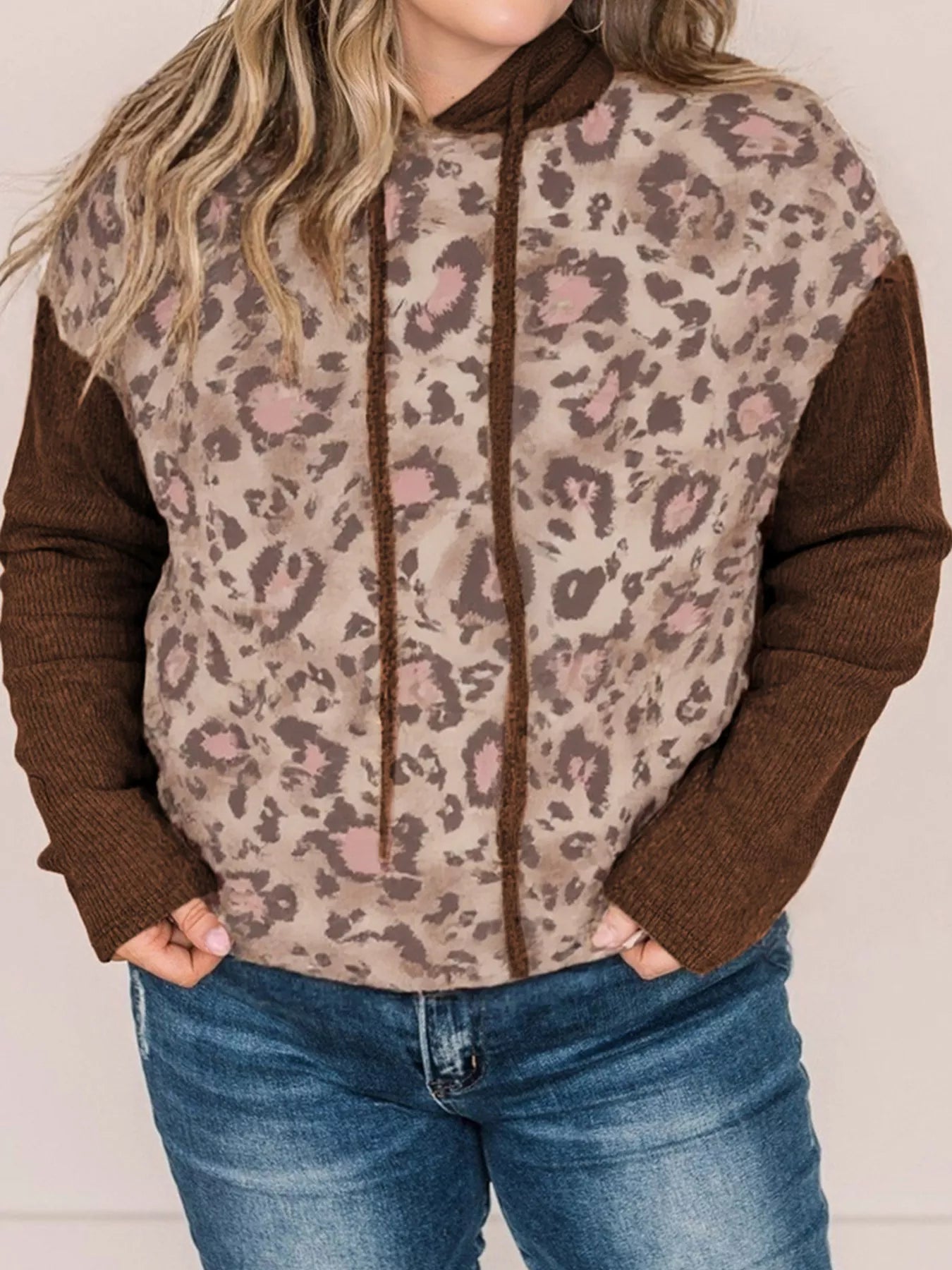 Plus Size Leopard Long Sleeve Drawstring Hoodie Leopard