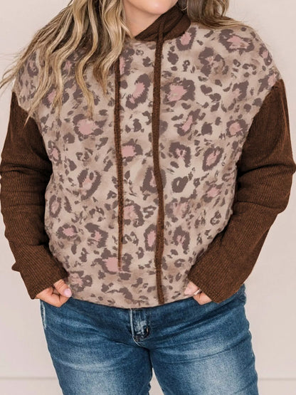 Plus Size Leopard Long Sleeve Drawstring Hoodie Leopard