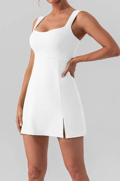 Square Neck Sleeveless Slit Mini Active Dress White