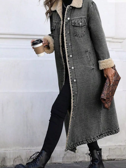 Sherpa Lined Longline Denim Jacket Dark Gray