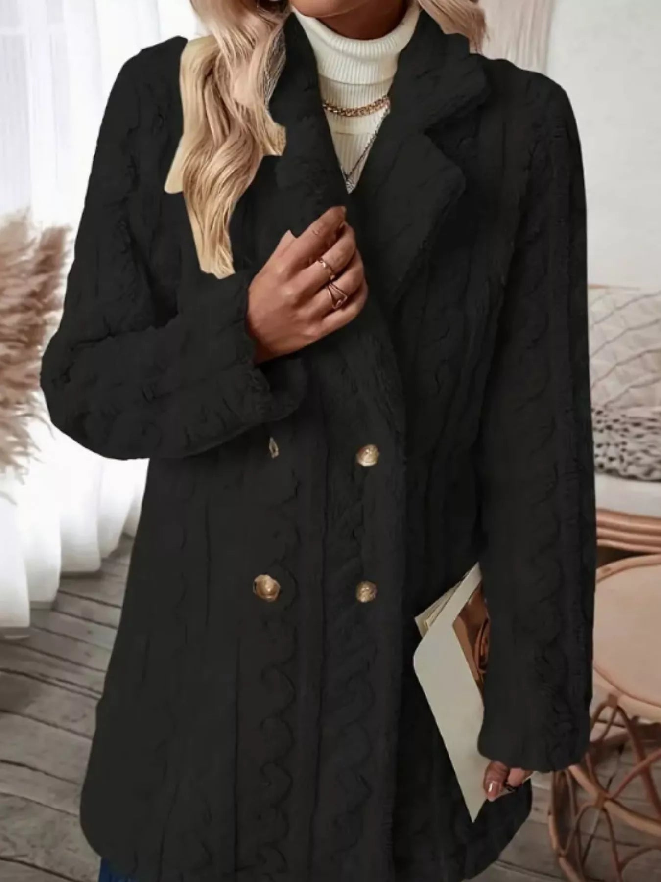 Cozy Faux Shearling Double-Breasted Outerwear Black