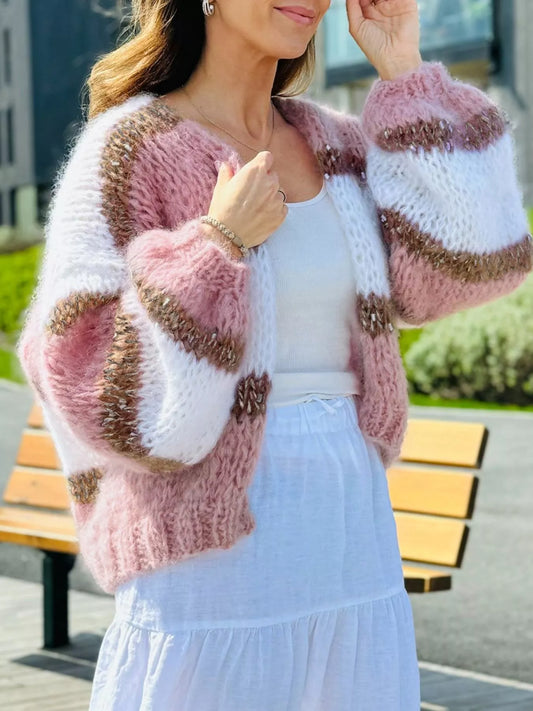 Color Block Open Front Cardigan Dusty Pink