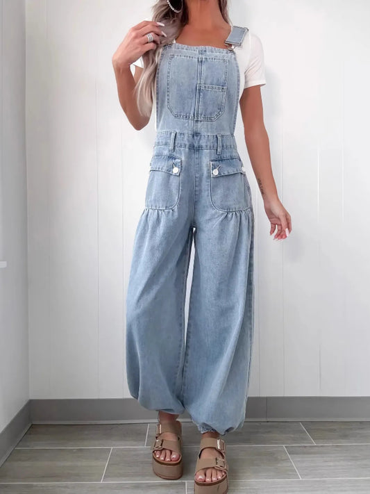 Wide Leg Denim Overalls Light Blue