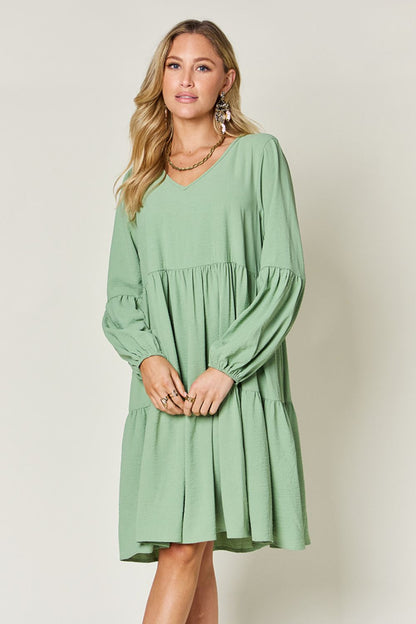V-Neck Balloon Sleeve Tiered Boho Midi Dress