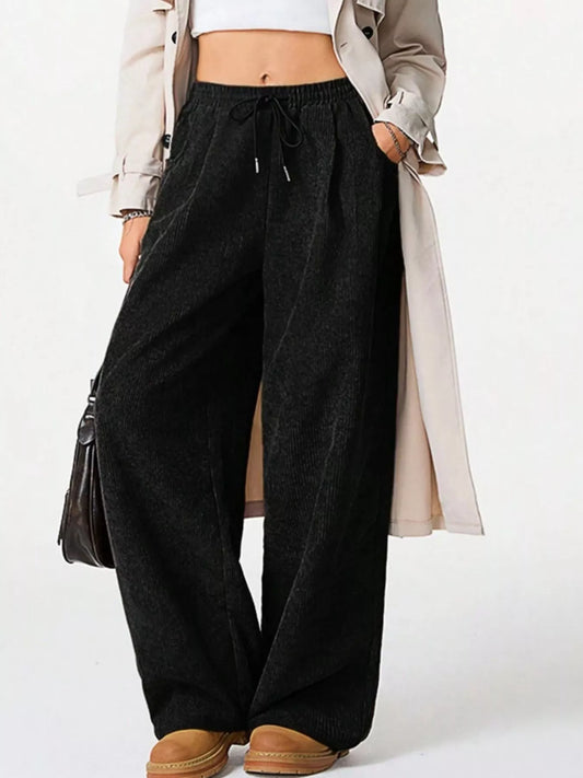 Wide Leg Corduroy Drawstring Pants Black·