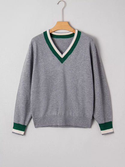 Contrast Striped Trim V Neck Varsity Sweater