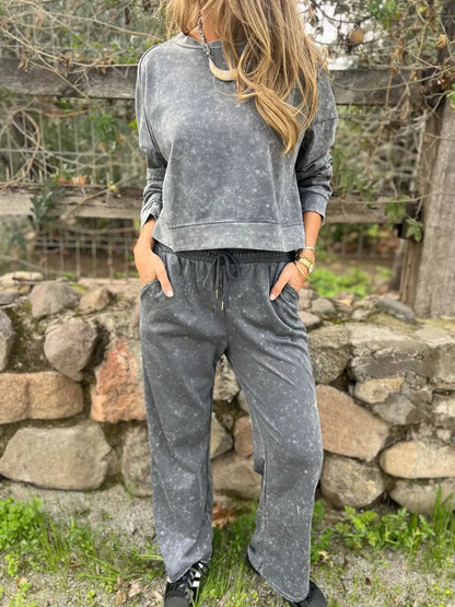 Full Size Washed Round Neck Top and Drawstring Pants Set Plus Size Gray