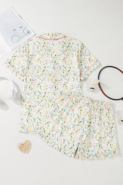 Printed Button Up Short Sleeve Top and Shorts Lounge Set