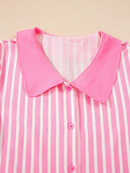 Stripe Buttoned Front Long Sleeve Top and Pants 2 Piece Sleepwear