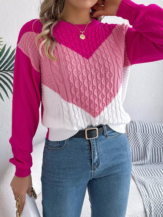 Color Block Cable Knit Sweater Pink