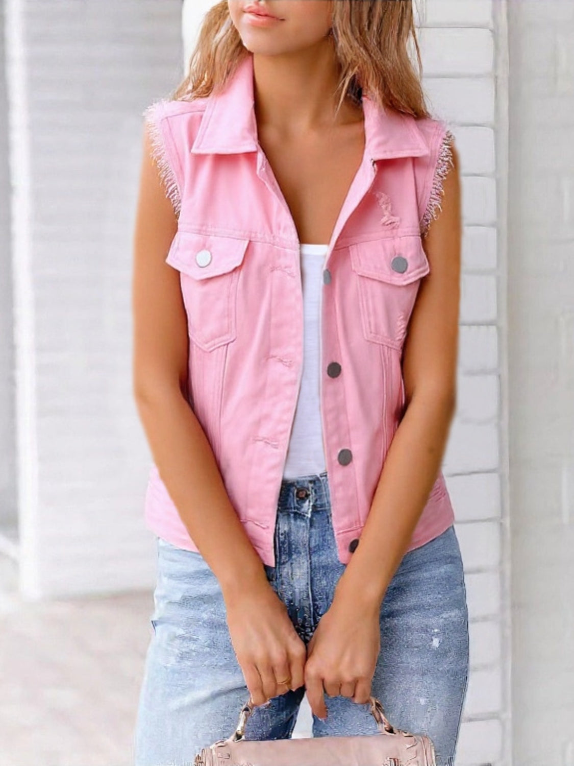 Full Size Button Down Raw Hem Sleeveless Denim Jacket Plus Size Pink