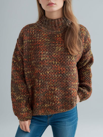 Heathered Turtleneck Dropped Shoulder Sweater Brown One Size