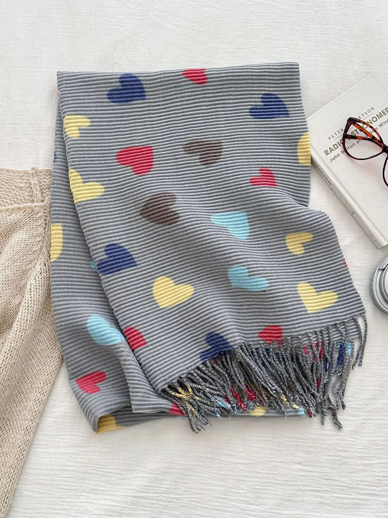Heart Patterned Tassel Scarf Gray One Size