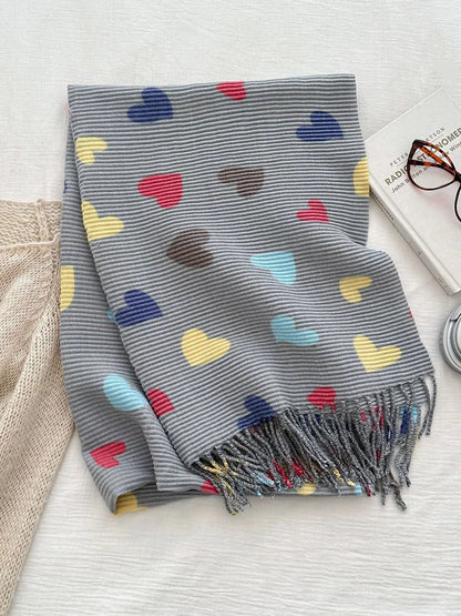 Heart Patterned Tassel Scarf Gray One Size