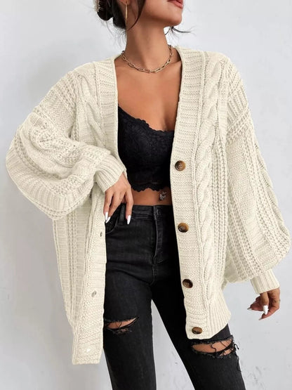 Chunky Knit Cable Knit Button-Up Cardigan Off-white