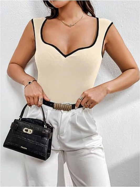 Contrast Trim Sweetheart Neck Knit Tank