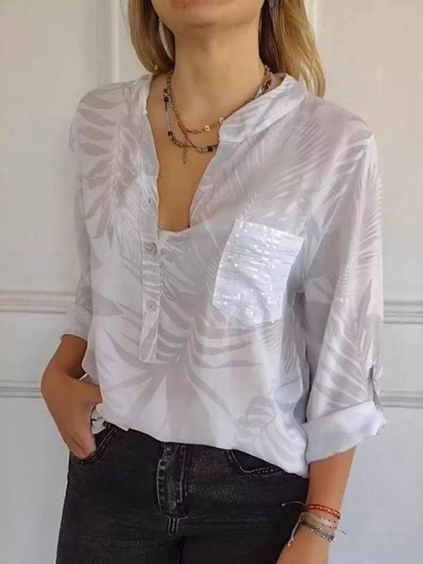Full Size Printed Button Detail Long Sleeve Blouse Plus Size White